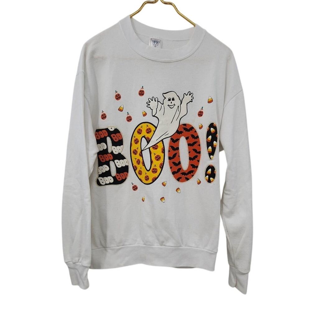 Vintage 1980's Halloween Puff Paint Halloween White Sweatshirt‎ Large